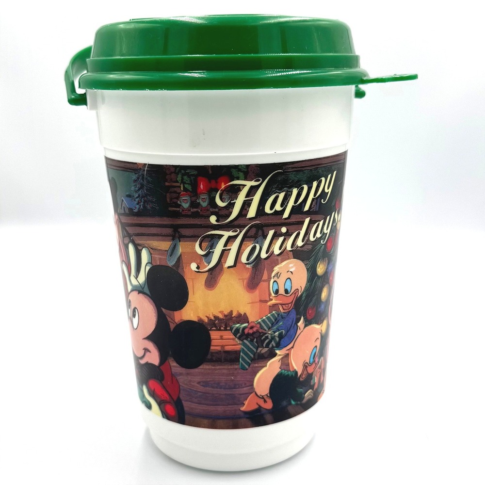 Disney Parks Happy Holidays Mickey Minnie Goofy Travel Mug Green Lid